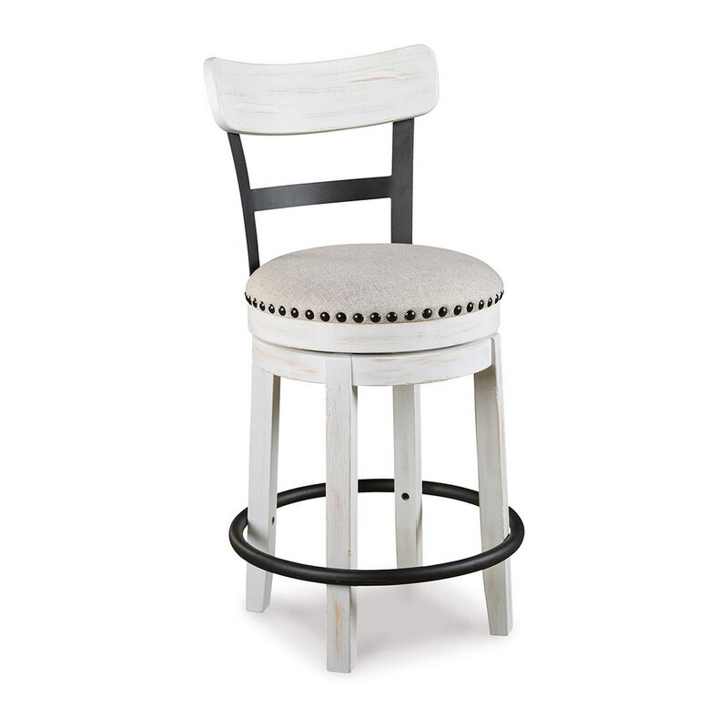 Zane 25 Inch Swivel Counter Height Stool, Round Cushioned Seat, White Wood - Benzara