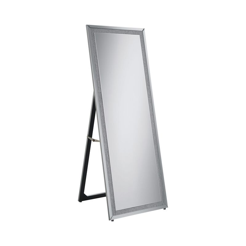 Cheval Mirror with Rhinestone Inlay and Easel Back, Silver-Benzara