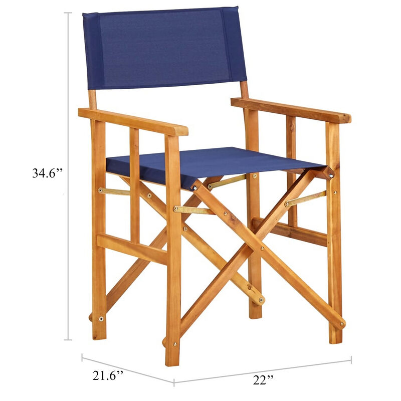 Foldable Accent Director Set of 2, Brown Acacia Wood, Blue - Benzara