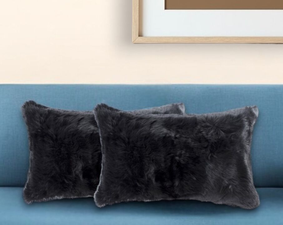 Hivvago Set Of Two 12" X 20" Black Rabbit Natural Fur Throw Pillows