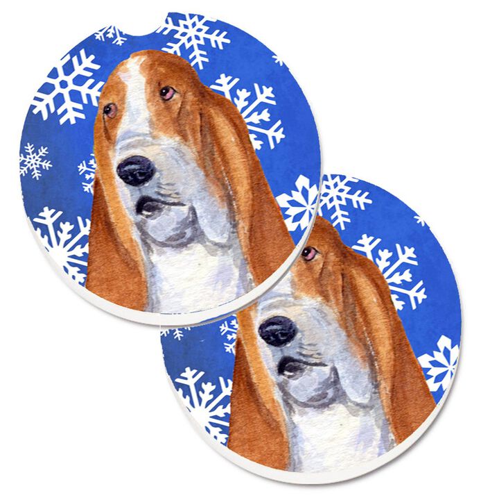Caroline's Treasures Basset Hound Winter Snowflakes Holiday Set of 2 Cup Holder Car Coasters SS4666CARC, 2.56, Multicolor