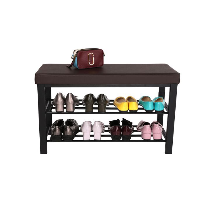 3-Tier Shoe Bench with Foam Padded Seat - Faux Leather Storage Organizer with Metal Frame for Entryway