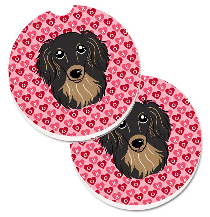 Caroline's Treasures Longhair black & Tan Dachshund Hearts Set of 2 Cup Holder Car Coasters, 2.56, Multicolor