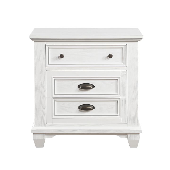Lyni 30 Inch Nightstand with 3 Drawers, Farmhouse White Acacia Wood - Benzara