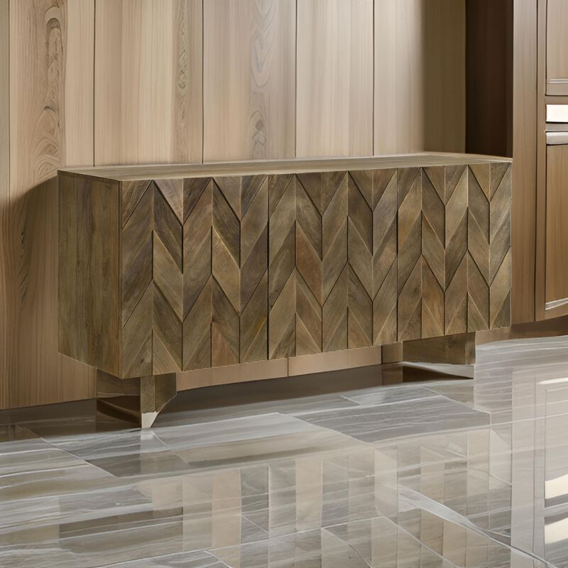 64 Inch Dining Sideboard Server, 2 Cabinets, Chevron Pattern, Mango Brown - Benzara