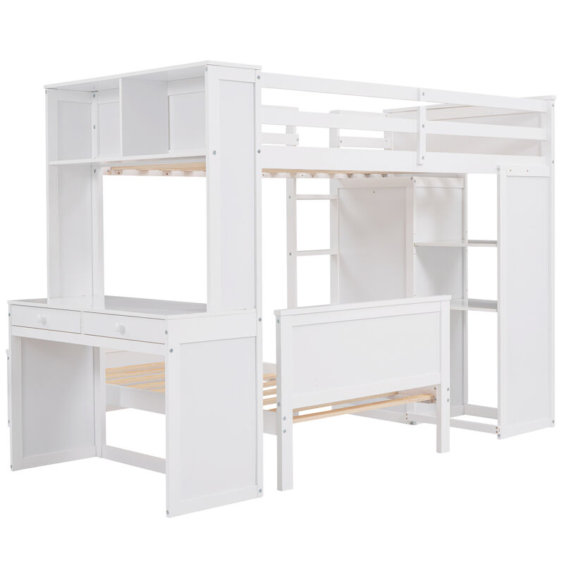 Twin Size Loft Bed With A Stand-Alone Bed, Shelves, Desk, And Wardrobe
