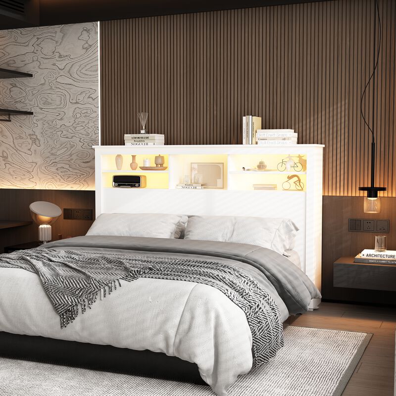 Full Queen White Wood Headboard Shelf With 5-Shelves and LED Lights