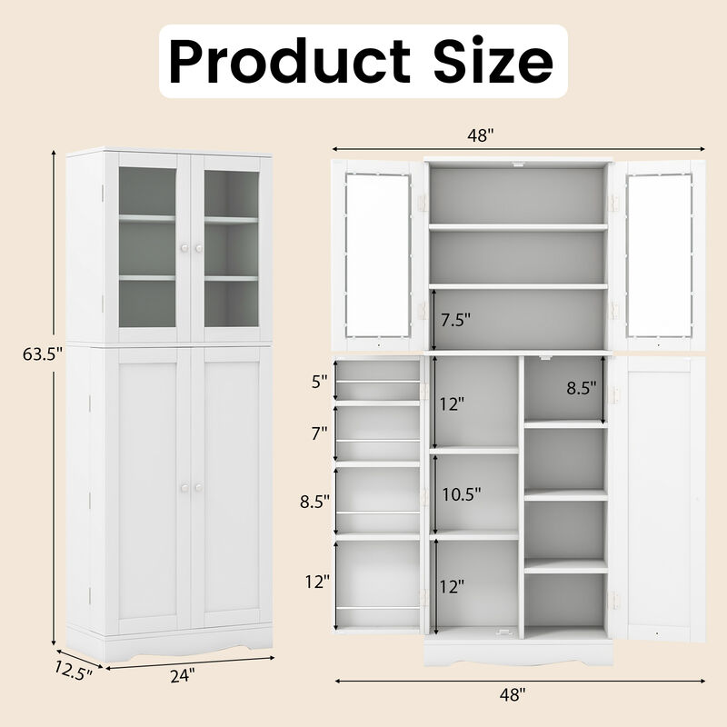 Tall Kitchen Pantry Cabinet with Dual Tempered Glass Doors and Shelves