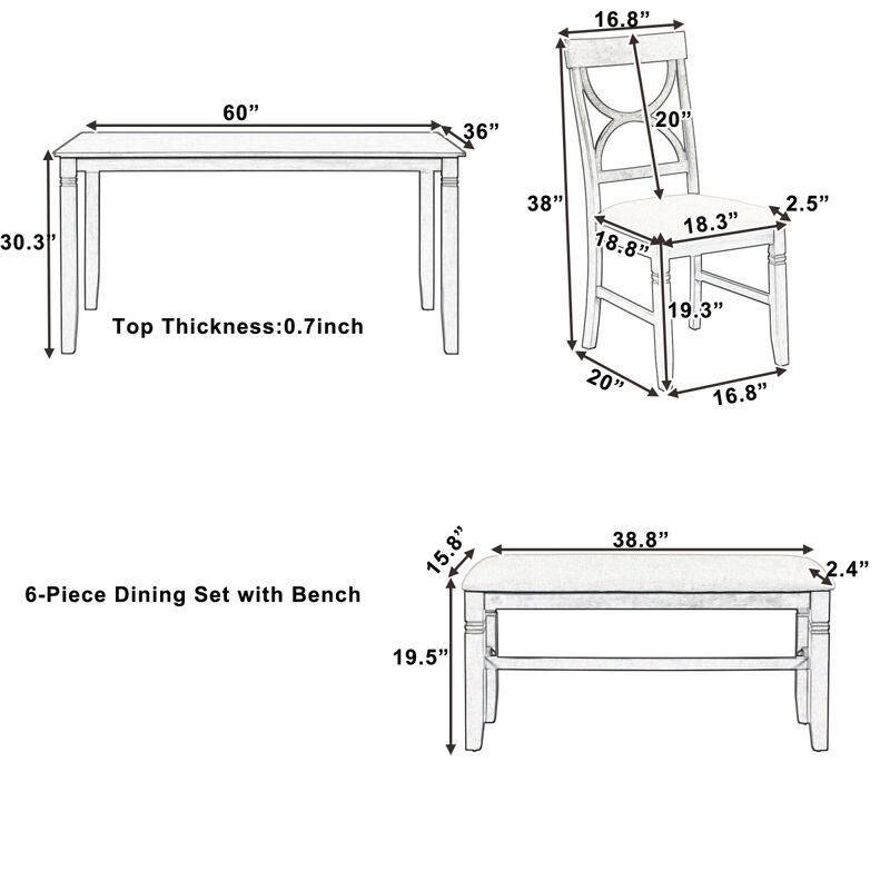 6-Piece Wood Dining Table Set Kitchen Table Set With Upholstered Bench And 4 Dining Chairs