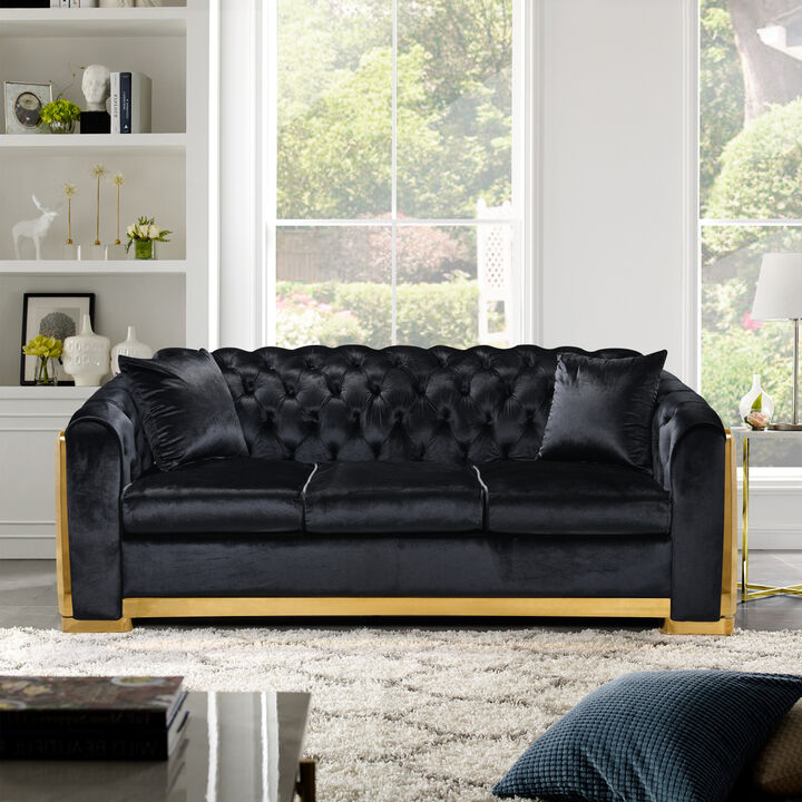 Tufted Velvet Sofa Set, Black with Gold Stainless