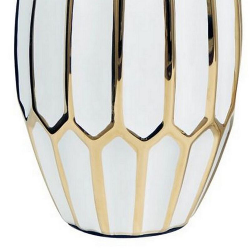 Vase with Honeycomb Geometric Design, Set of 2, White and Gold-Benzara