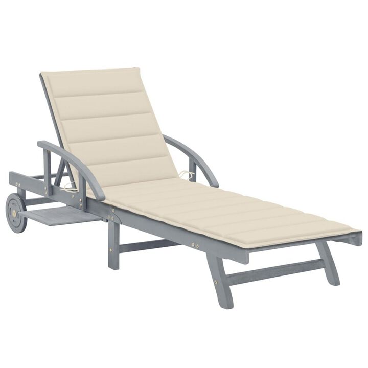 Kaye Outdoor Sun Lounger, 79 Inch Gray Acacia Wood, Cream Polyester - Benzara
