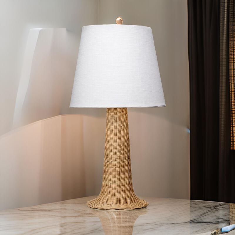 27 Inch Table Lamp, Tree Trunk Base, Tapered Shade, White, Natural Brown  - Benzara