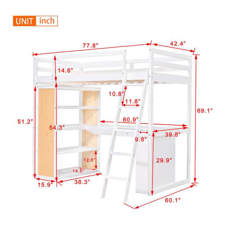 Merax Twin Size Loft Bed with Ladder, Shelves, and Desk