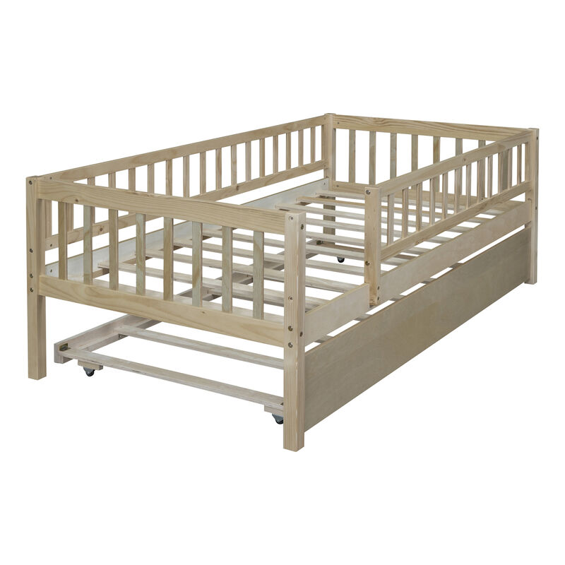 Twin Size Wood Daybed With Trundle And Fence Guardrails