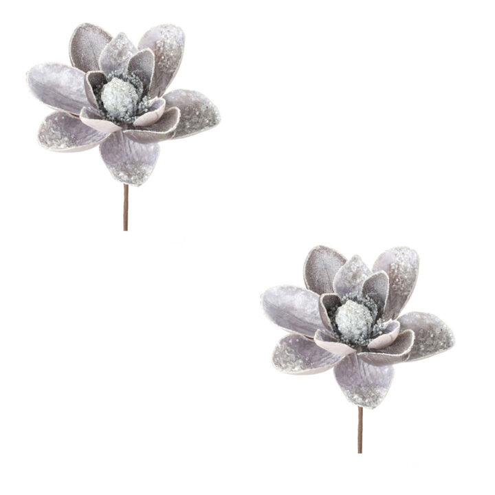 Glittered Magnolia Flower Stem for Holiday and Elegant Home Décor (Set of 2)