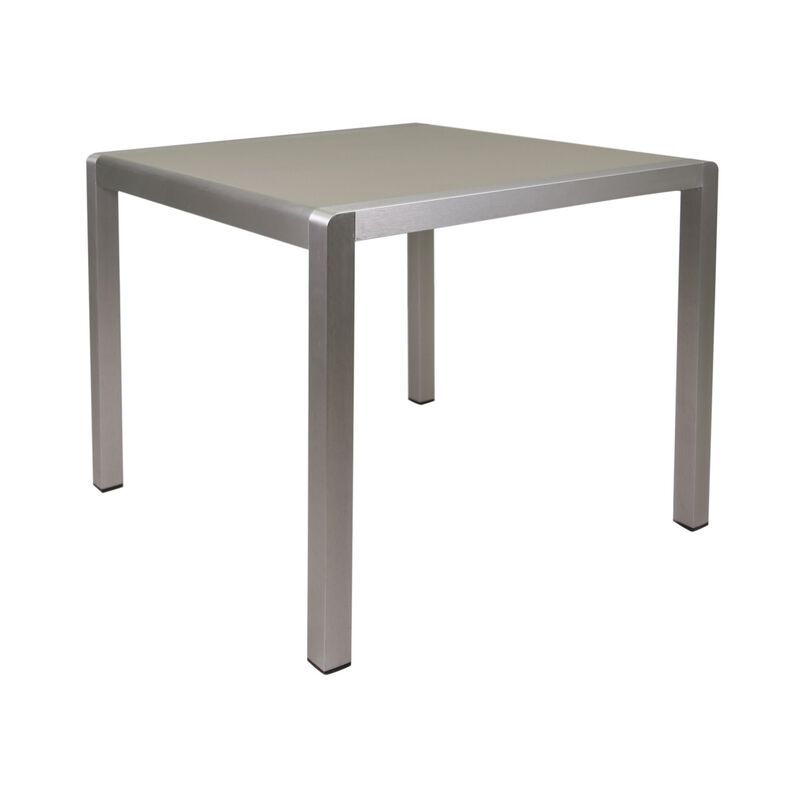 Kimi Outdoor Dining Table, Dark Gray Glass Top, Metal Frame, Square 35 Inch - Benzara