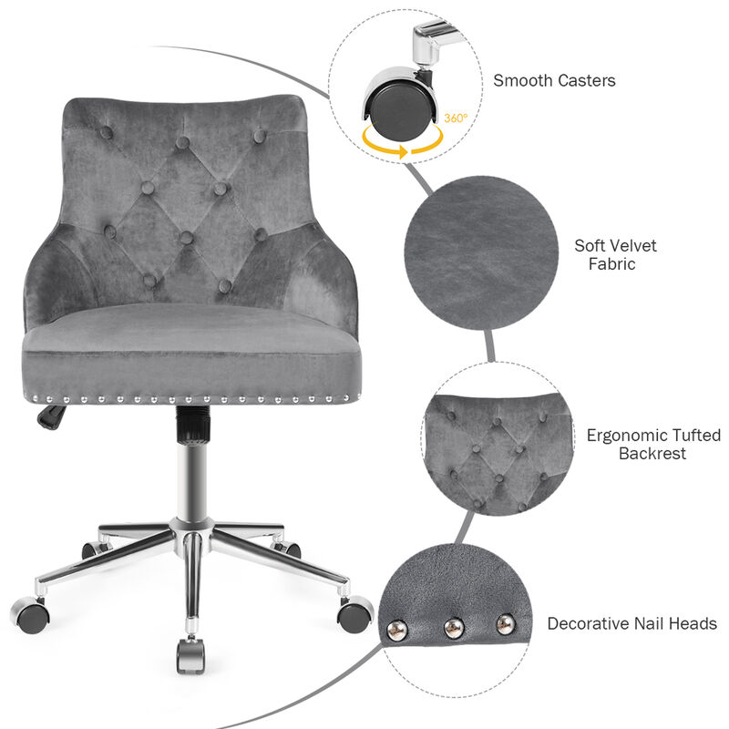 Costway Velvet Office Chair Tufted Upholstered Swivel Computer Desk Chair w/ Nailed Trim