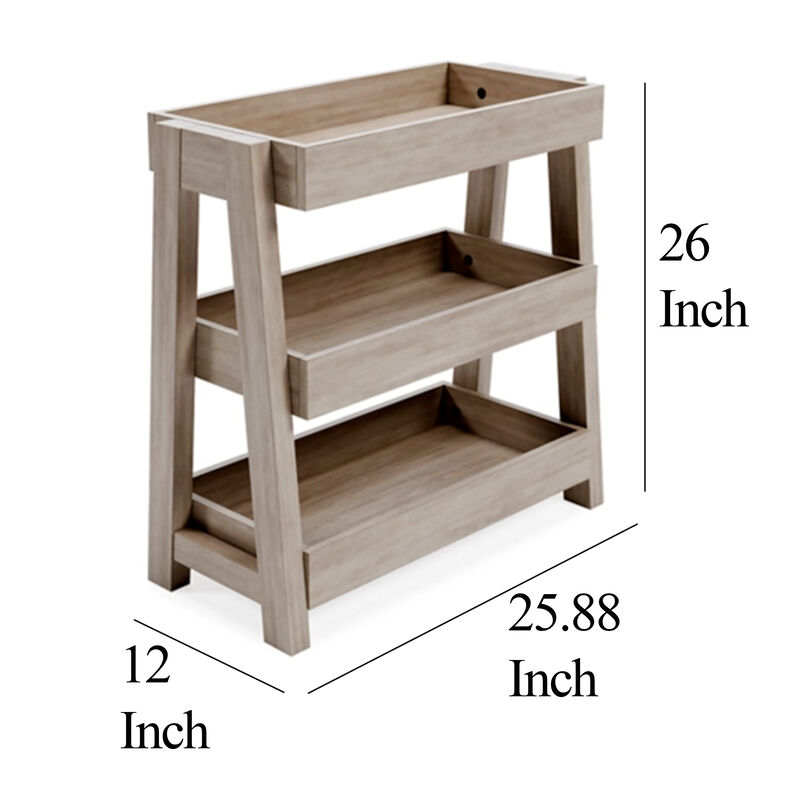 Arid Accent Table, 3 Storage Tray Shelves, 26 Inch, Brown Solid Wood - Benzara