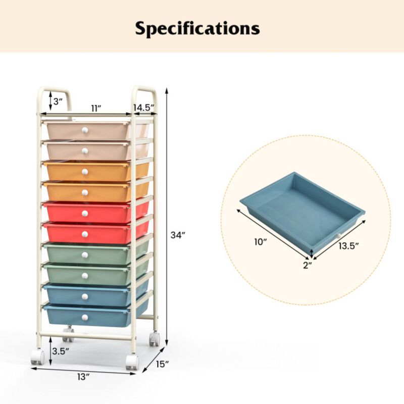 Hivvago 10 Drawer Rolling Storage Cart Organizer with 4 Universal Casters