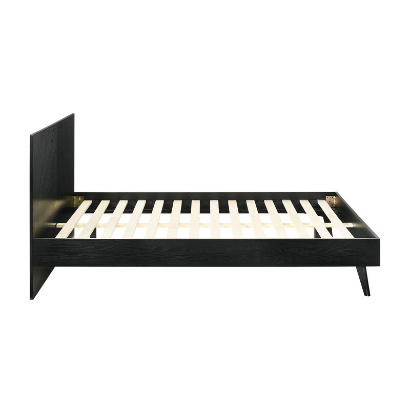 Saly Queen Platform Bed Frame, Tapered Legs, Diagonal Grain Finish, Black - Benzara