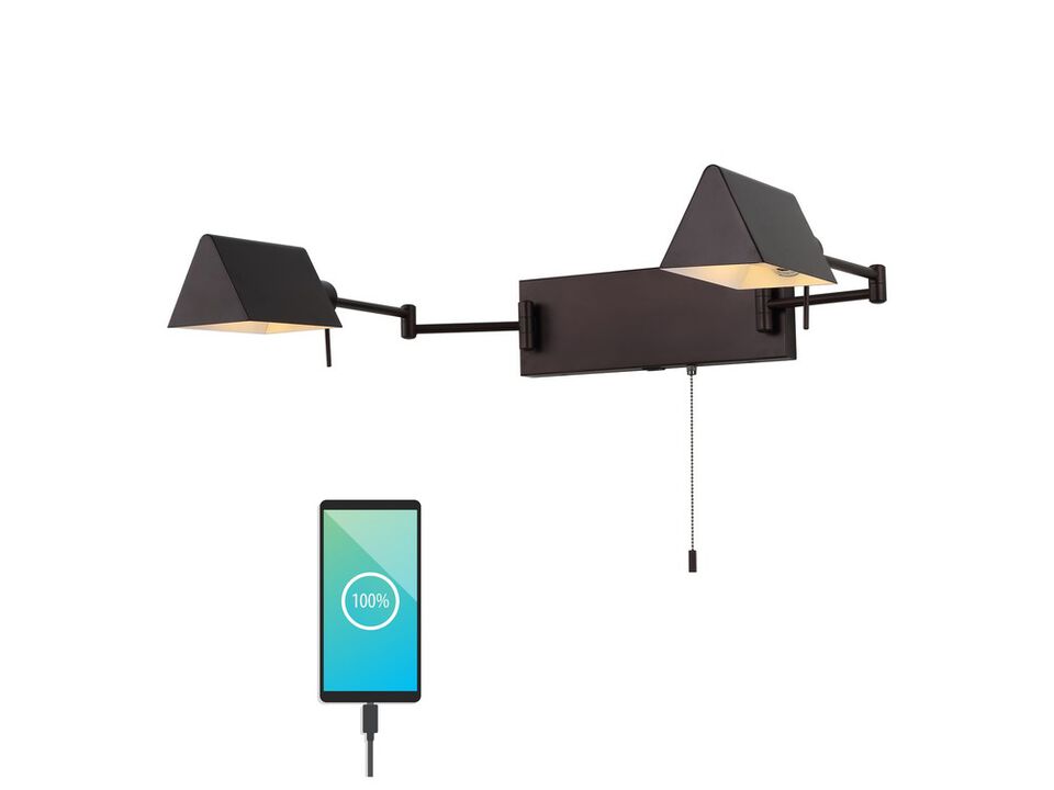 Arlo 54" 2-Light Farmhouse Industrial Double Swing Arm Iron LED Wall Sconce with Pull-Chain USB Charging Port