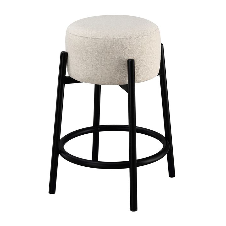 25 Inch Set of 2 Round Counter Height Stools, Black, White Fabric Pouf Seat-Benzara