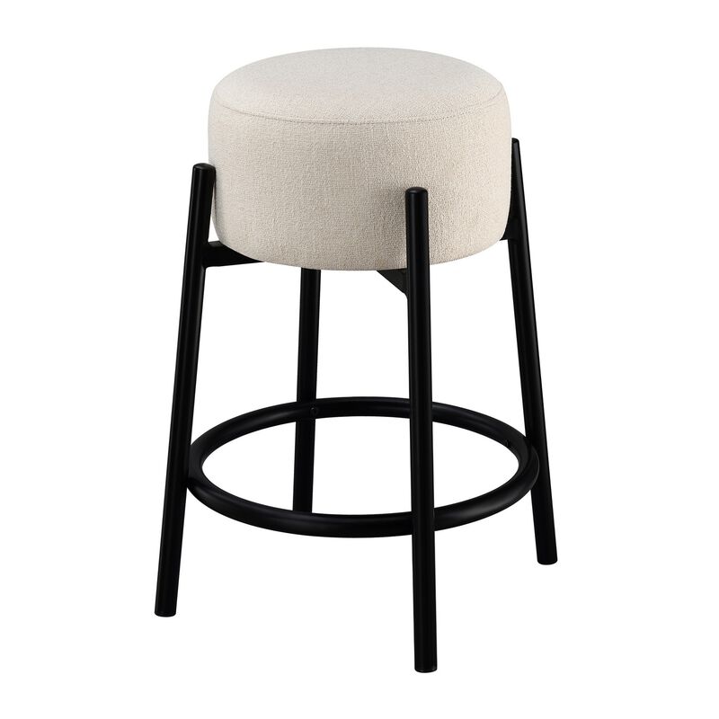 25 Inch Set of 2 Round Counter Height Stools, Black, White Fabric Pouf Seat-Benzara