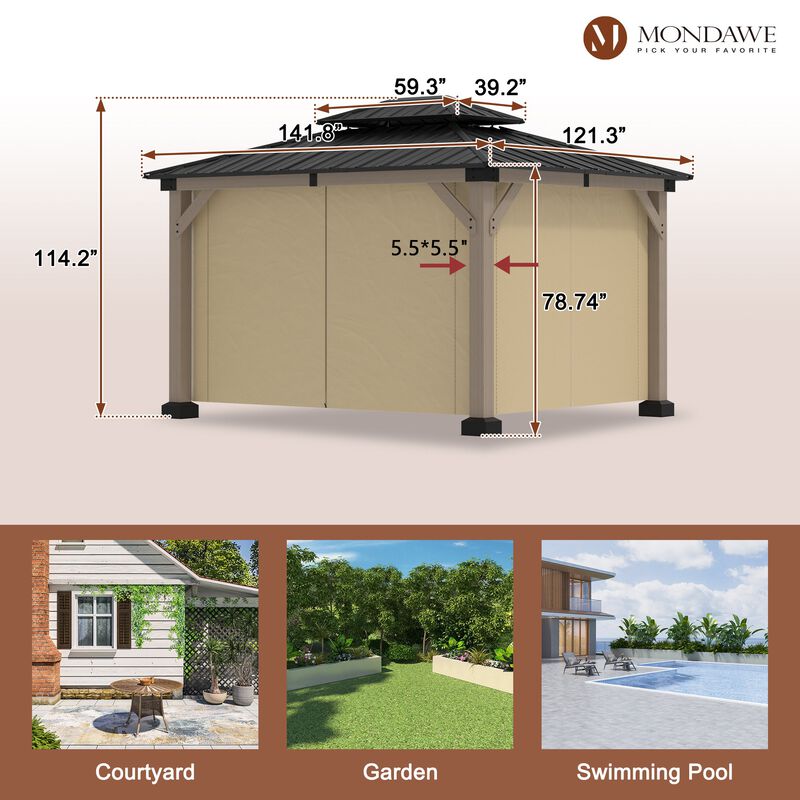 Mondawe Beverly Hills 10 ft. x 12 ft. Outdoor Fir Solid Wood Frame Patio Gazebo Canopy Shelter Galvanized Steel Hardtop Curtain