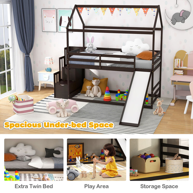 Twin over Twin Bunk Bed with Slide and 2-Step Storage Staircase