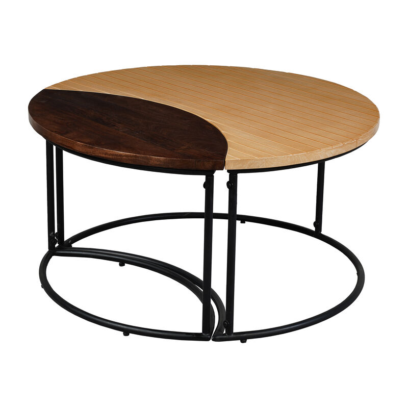 35 Inch 2 Piece Coffee Table with Black Iron Frame, 2 Tone Mango Wood Top In Natural Brown and Walnut - Benzara