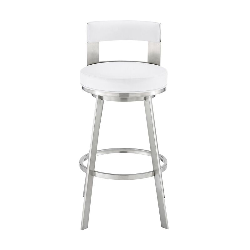 Nova 30 Inch Swivel Barstool, Panel Back, Steel Frame, White Faux Leather-Benzara