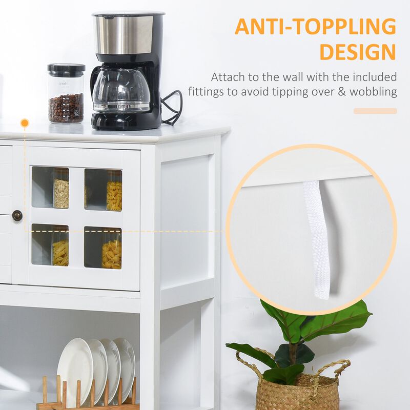 White Kitchen Buffet: Sideboard Cabinet with Glass Doors and Shelves