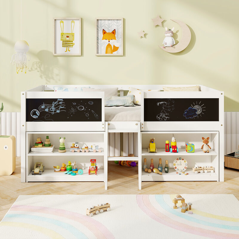 Kid Low Loft Bed with Chalkboard Ramp Ladder and Bookcases