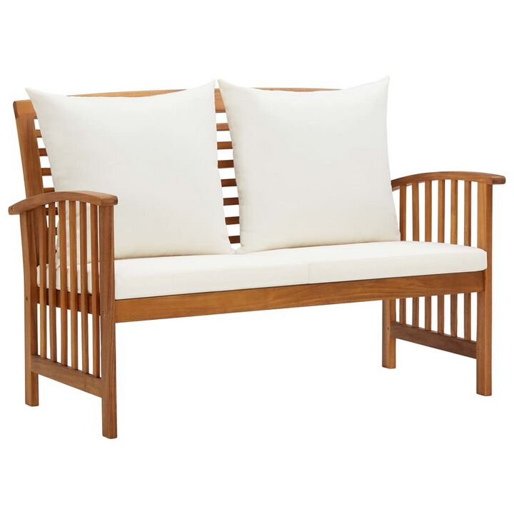 Mia Outdoor Loveseat Bench, Gray Cushions, Brown Solid Wood, 47 Inch - Benzara