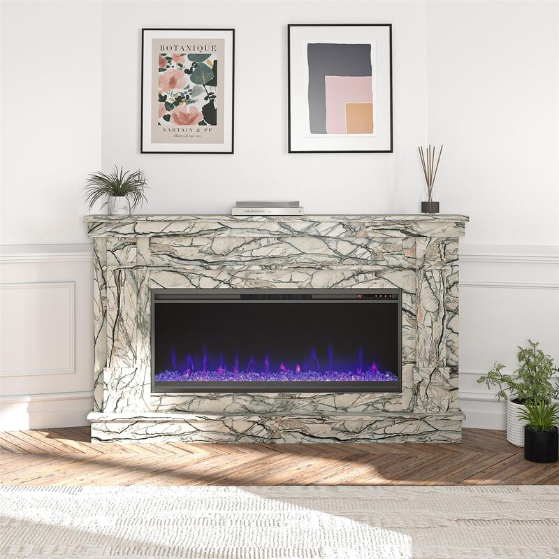 Novogratz Waverly Wide Mantel with Linear Electric Fireplace & Crystal Ember Bed