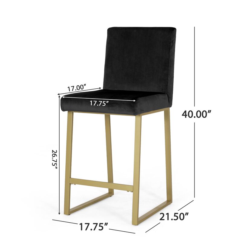 Counter Stool Chair Set of 2, Gold Sled Metal Base, Black Velvet - Benzara