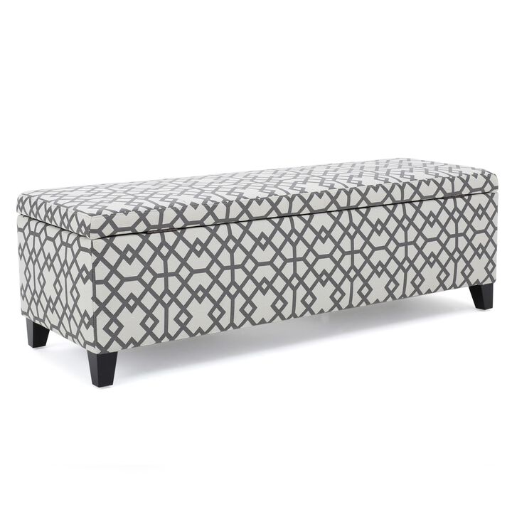 Flash Storage Ottoman Bench, Light Gray Geometric Print Fabric 51 Inch -Benzara