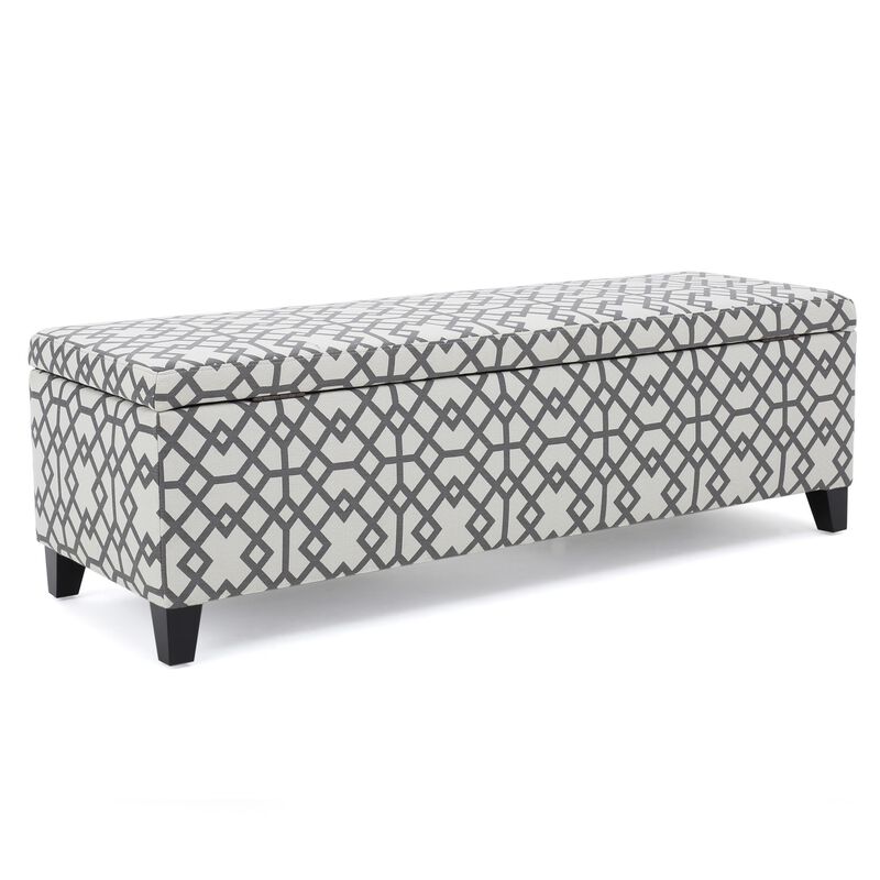 Flash Storage Ottoman Bench, Light Gray Geometric Print Fabric 51 Inch -Benzara