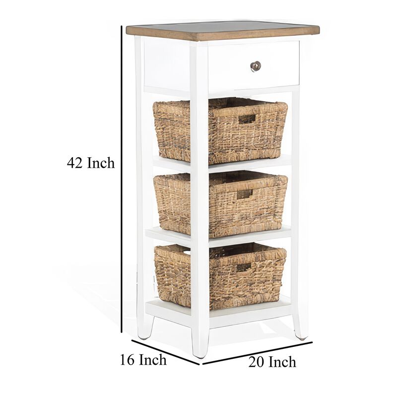 Livy Storage Rack End Table with 3 Natural Brown Rattan Baskets, White - Benzara