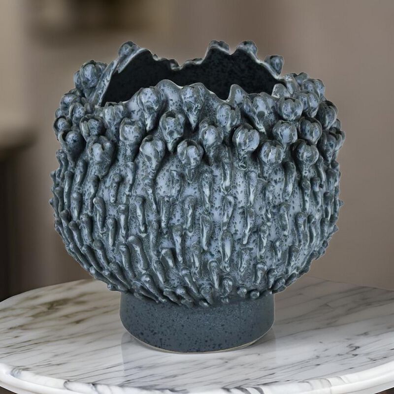 12 Inch Decorative Bowl with Drop Accents, Modern Style, Blue Ceramic - Benzara