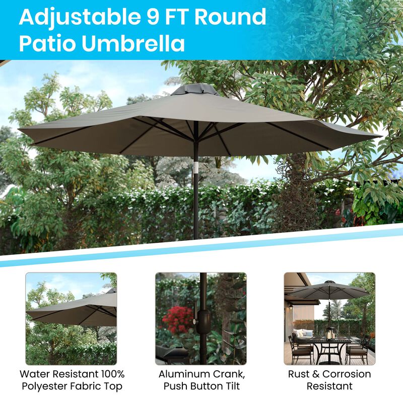 Flash Furniture Lark 7 Piece Patio Table Set - 4 Synthetic Stackable Faux Teak Chairs - 30" x 48" Faux Teak Table - Gray Umbrella with Base