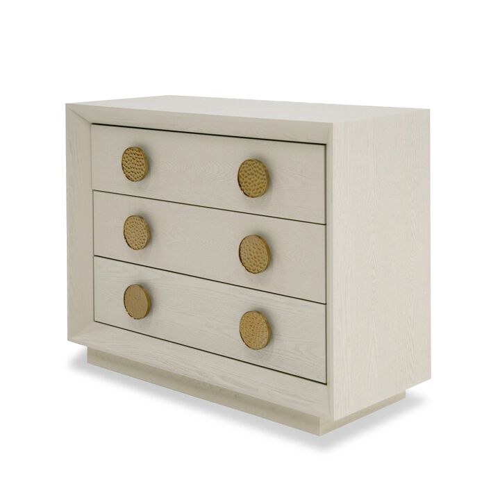 Cid Jorie 39 Inch Nightstand, 3 Drawers, Cream White Wood, Steel Handles - Benzara
