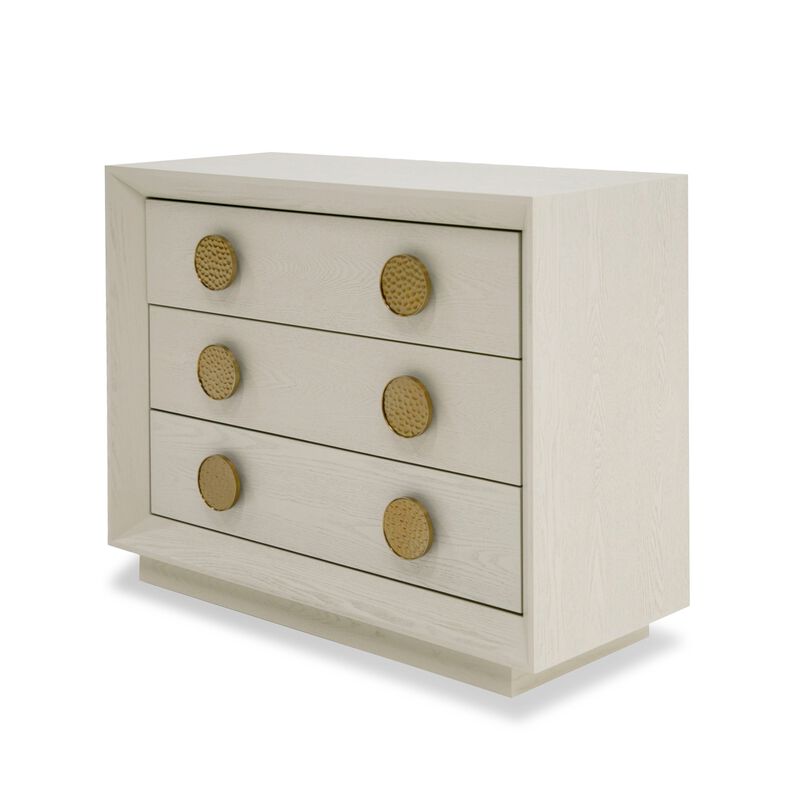 Cid Jorie 39 Inch Nightstand, 3 Drawers, Cream White Wood, Steel Handles - Benzara