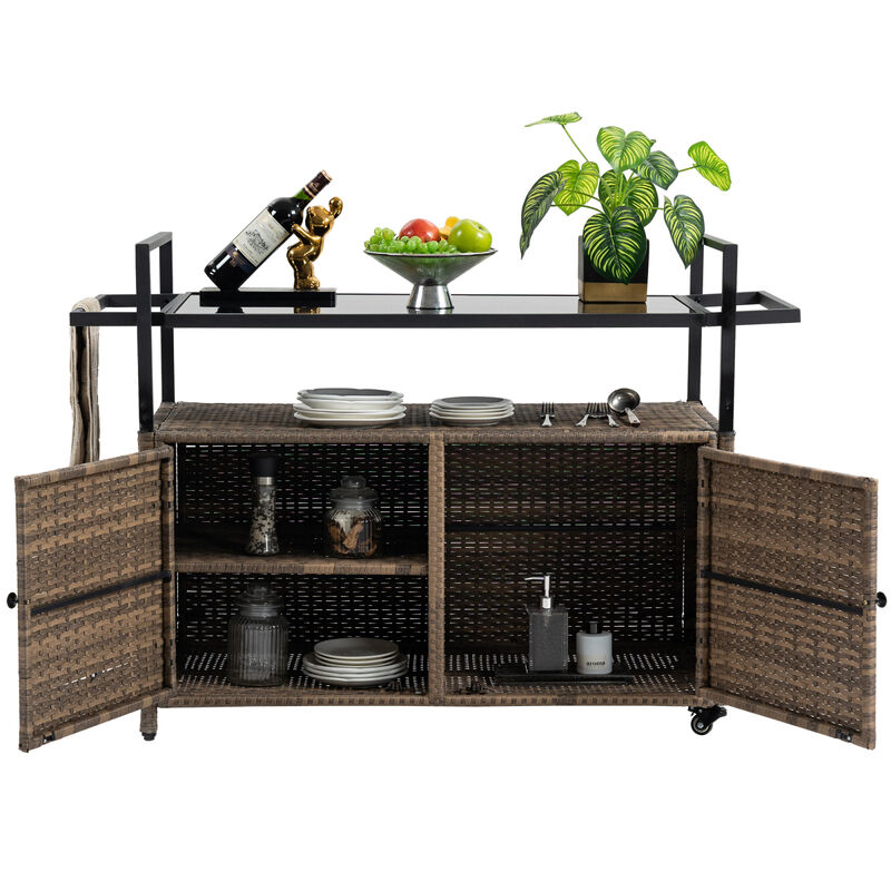 Outdoor Wicker Bar Cart with Glass Top