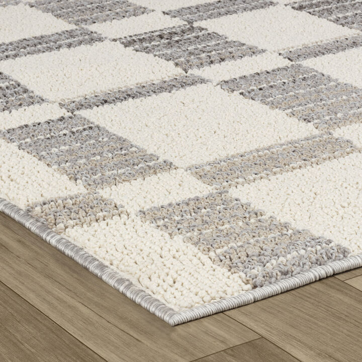 Abstract Checkered Modern Grey Beige Indoor Area Rug