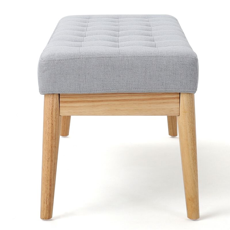Gisa Ottoman Bench, Light Gray Fabric Tufted Seat, Brown Wood, 44 Inch -Benzara