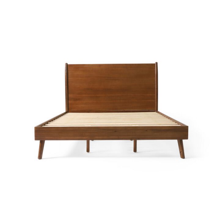 Ozzy King Size Bed with Panel Headboard Design, Rich Brown Acacia Wood - Benzara