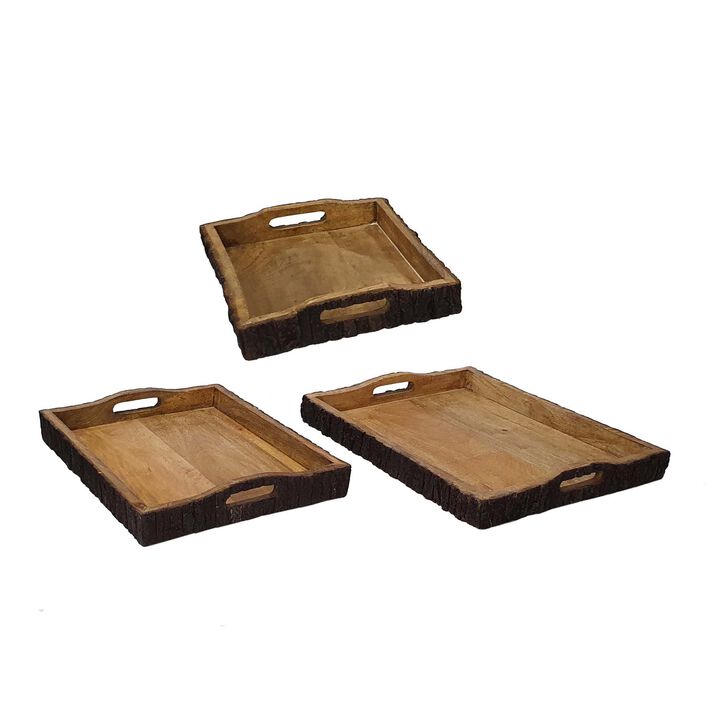20, 18, 16 Inch Set of 3 Wood Serving Trays, Tree Bark Accent, Natural Brown-Benzara