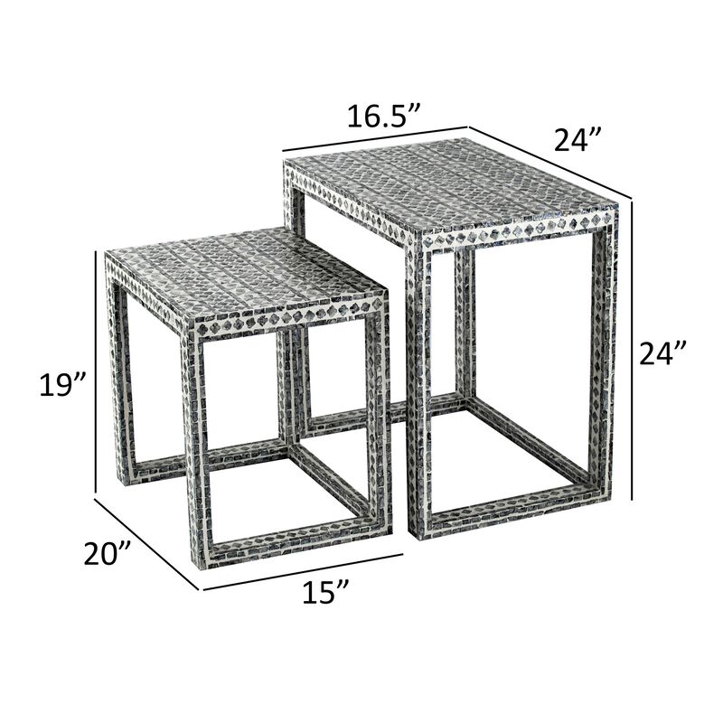 Set of 2 Nesting Side End Tables, Capiz Inlaid Design, Gray and White - Benzara